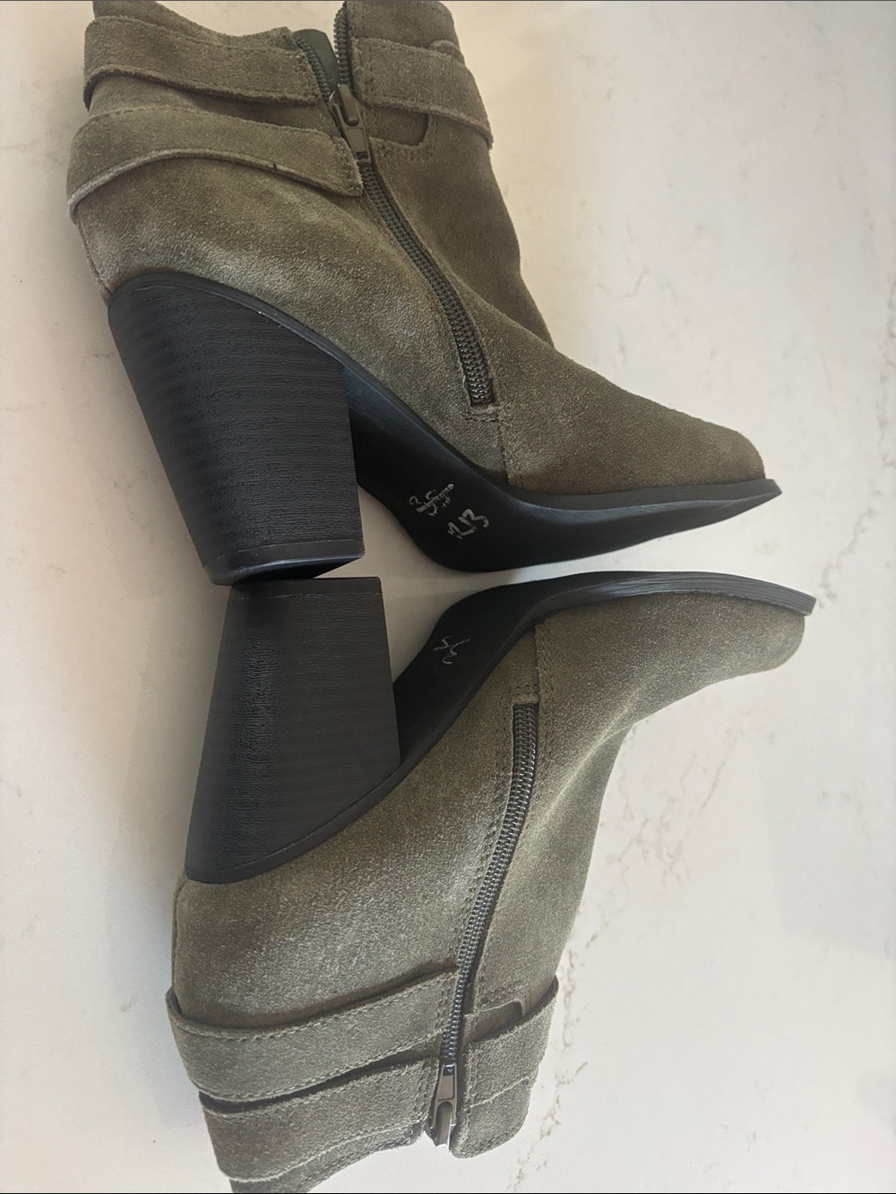 GUESS Olive Green Suede Ankle Boots with Gold Accents - Picture 6 of 8